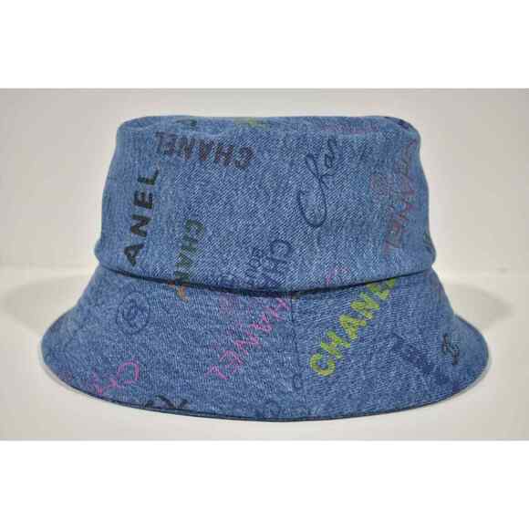 Chanel 22P Blue Black Pink Denim Graffiti CC Logo Sun Cloche Bucket Hat Small S - Picture 5 of 11
